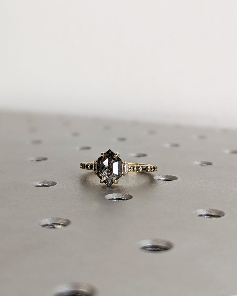 Raw Diamond Hexagon Baguette Diamond, Grey Salt and Pepper, Unique Retro Engagement Ring, Rose Cut Geometric Diamond Ring, 14k Yellow Gold