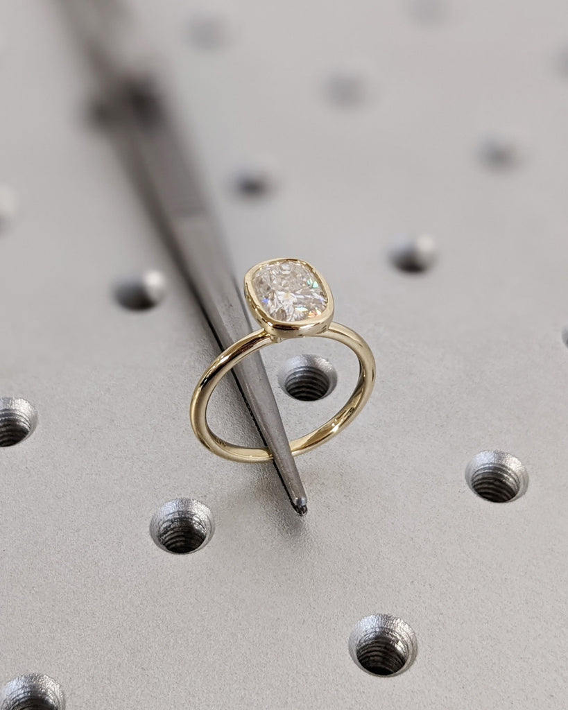 Elongated Cushion Bezel Solitaire Ring Brilliant Cut Lab Diamond Engagement Ring Dainty Promise Bezel Ring Solitaire Bezel Set Vintage Ring