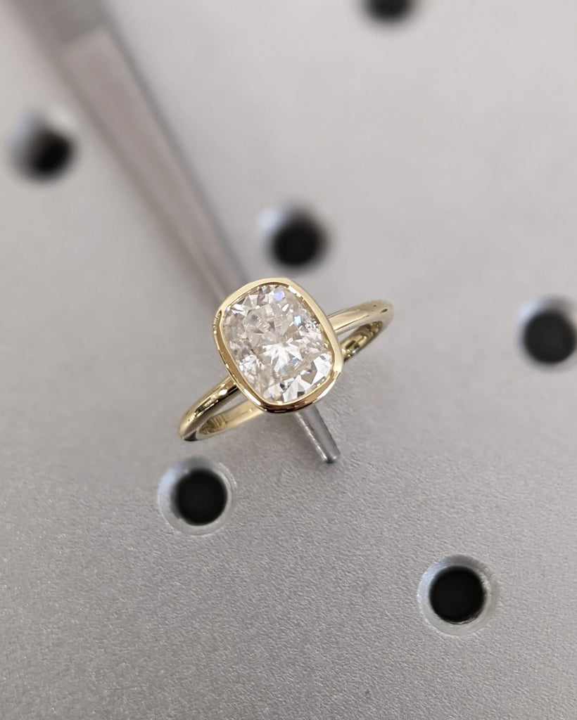 Elongated Cushion Bezel Solitaire Ring Brilliant Cut Lab Diamond Engagement Ring Dainty Promise Bezel Ring Solitaire Bezel Set Vintage Ring