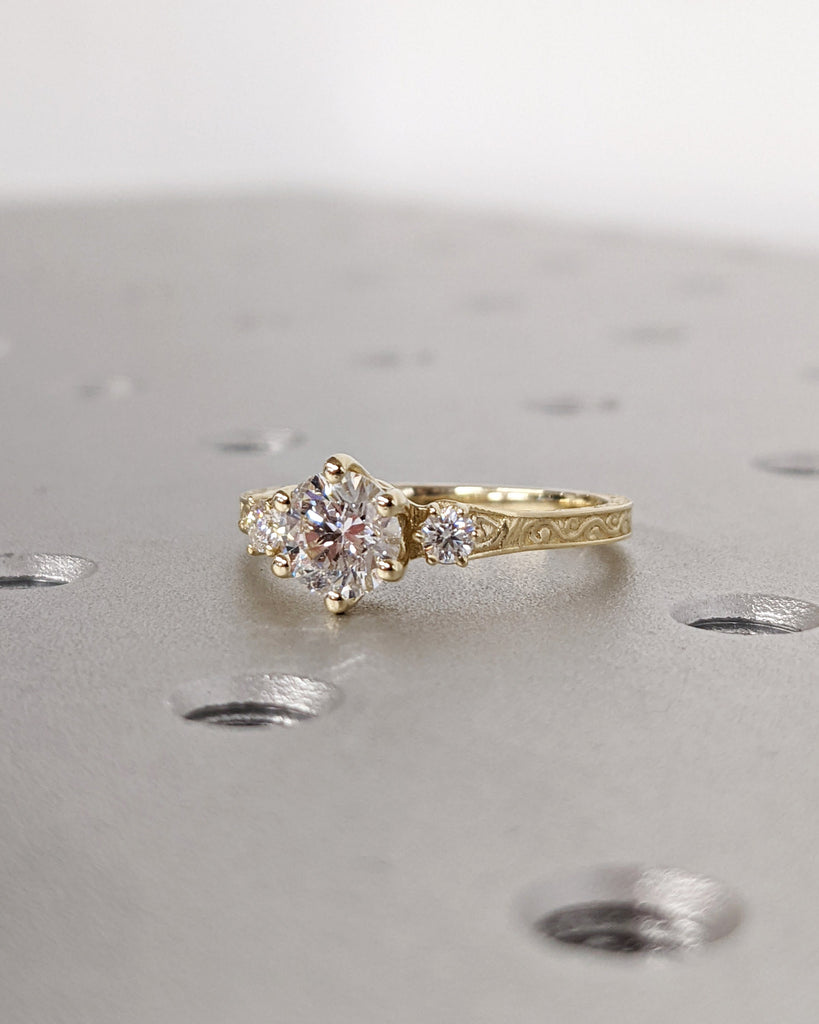 Moissanite 14k Real Gold Moissanite Diamonds Dainty Round 3 Stone Engagement Ring, Cluster Ring, Filigree Band, Hand Carved Design, Trellis