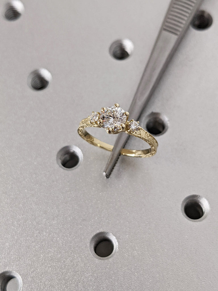Moissanite 14k Real Gold Moissanite Diamonds Dainty Round 3 Stone Engagement Ring, Cluster Ring, Filigree Band, Hand Carved Design, Trellis