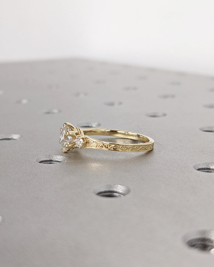 Moissanite 14k Real Gold Moissanite Diamonds Dainty Round 3 Stone Engagement Ring, Cluster Ring, Filigree Band, Hand Carved Design, Trellis