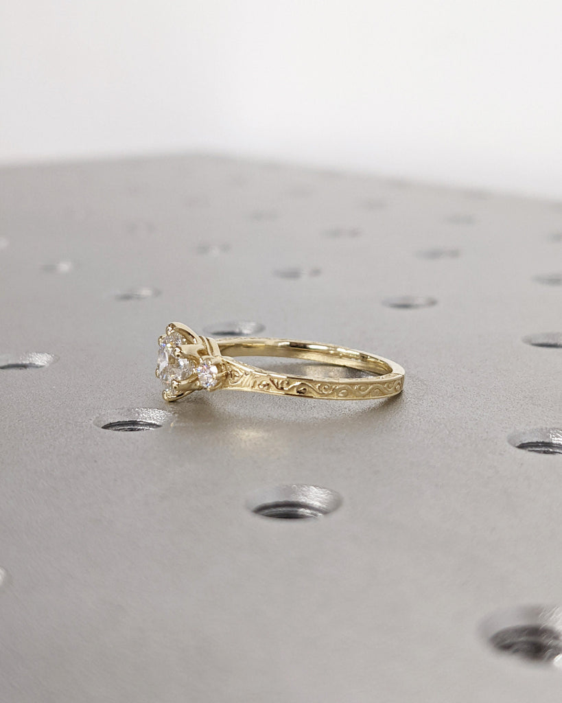 Moissanite 14k Real Gold Moissanite Diamonds Dainty Round 3 Stone Engagement Ring, Cluster Ring, Filigree Band, Hand Carved Design, Trellis