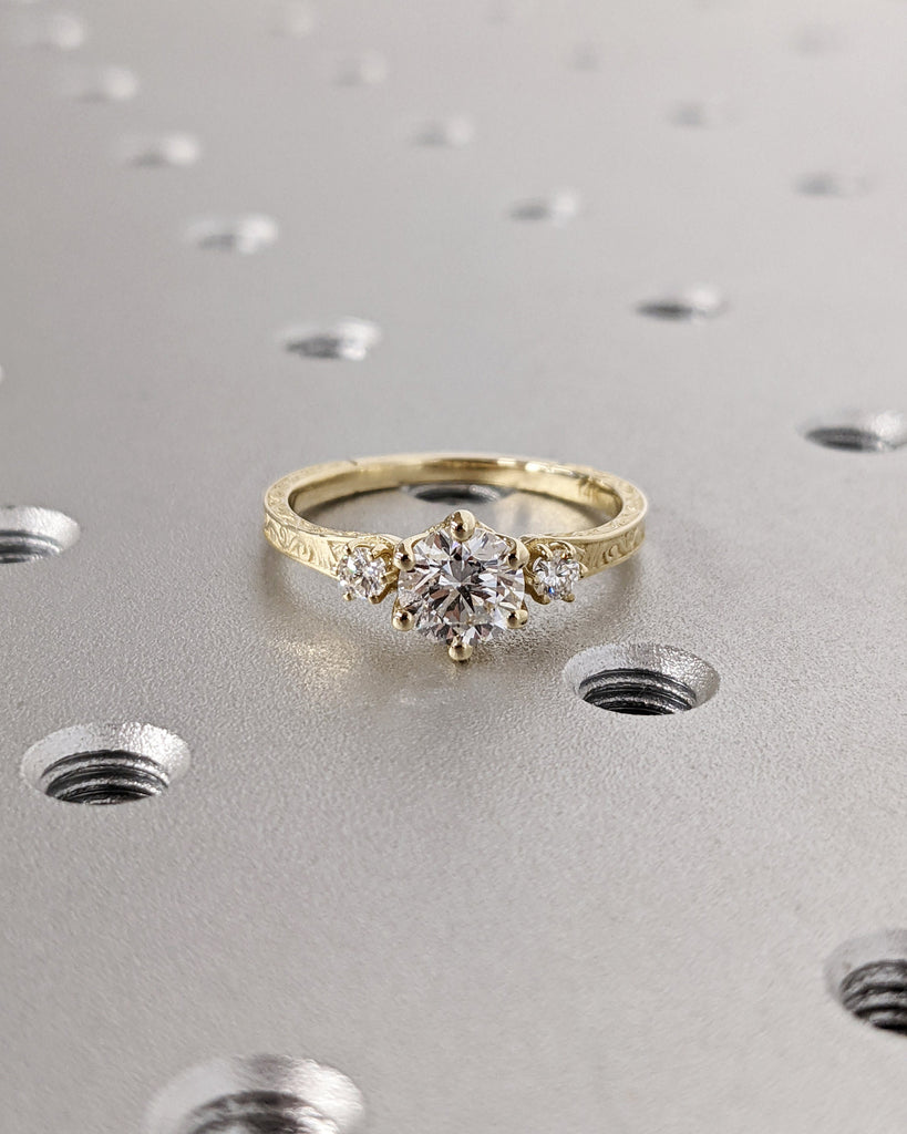 Moissanite 14k Real Gold Moissanite Diamonds Dainty Round 3 Stone Engagement Ring, Cluster Ring, Filigree Band, Hand Carved Design, Trellis