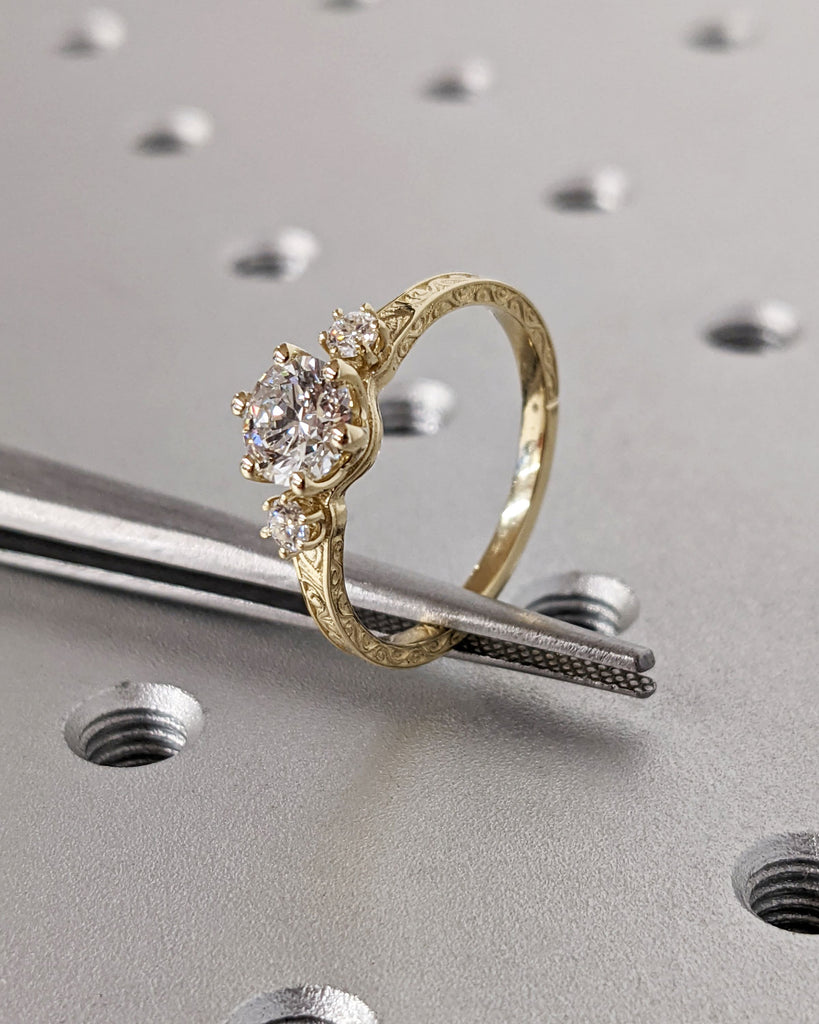 Moissanite 14k Real Gold Moissanite Diamonds Dainty Round 3 Stone Engagement Ring, Cluster Ring, Filigree Band, Hand Carved Design, Trellis