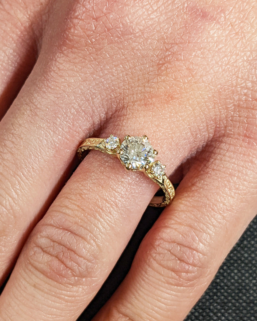 Moissanite 14k Real Gold Moissanite Diamonds Dainty Round 3 Stone Engagement Ring, Cluster Ring, Filigree Band, Hand Carved Design, Trellis