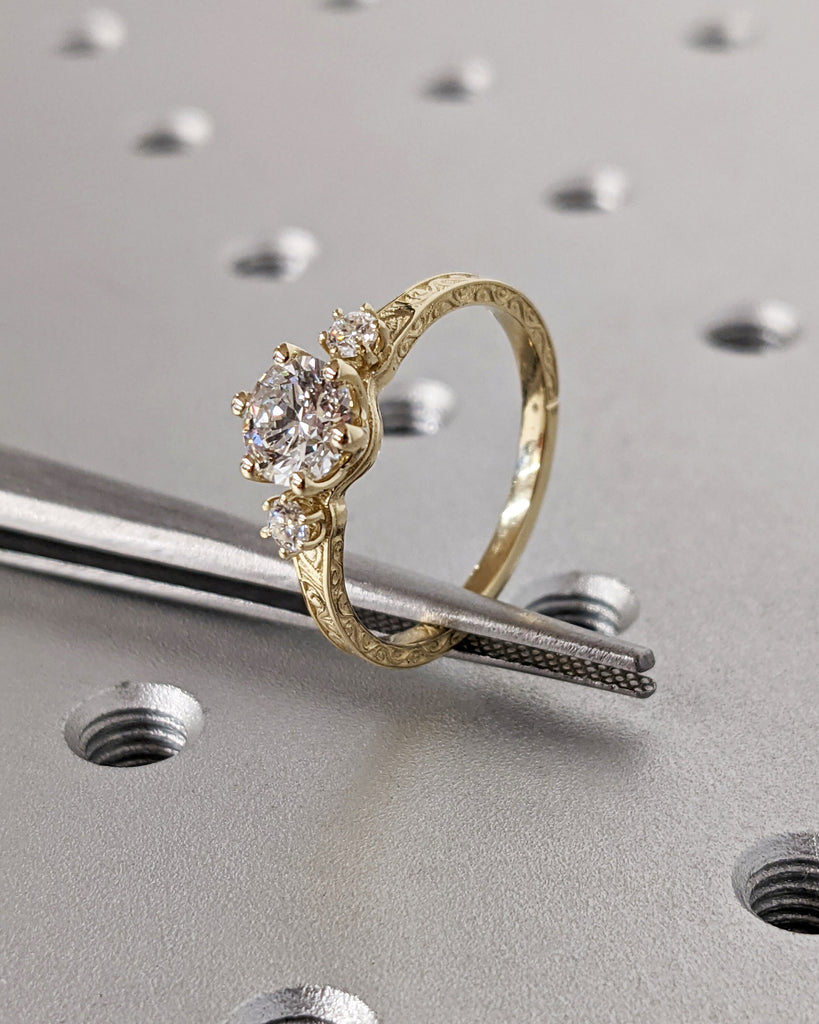 Lab Grown Diamond 14k Real Gold Moissanite Diamonds Dainty Round 3 Stone Engagement Ring, Cluster Ring, Filigree Band, Hand Carved, Trellis
