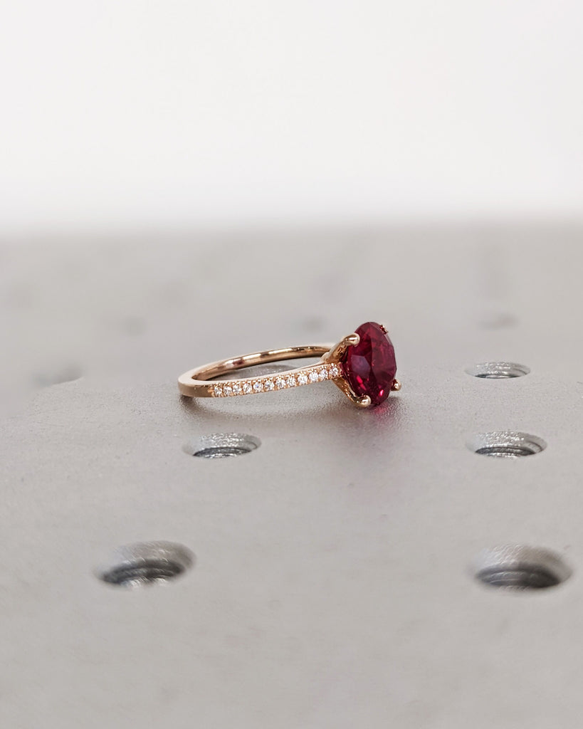 Vintage Ruby Engagement Ring 14K Rose Gold Hand Engraved Ruby Ring, Cathedral Setting, High Profile Prongs, Moissanite, Half Eternity Band