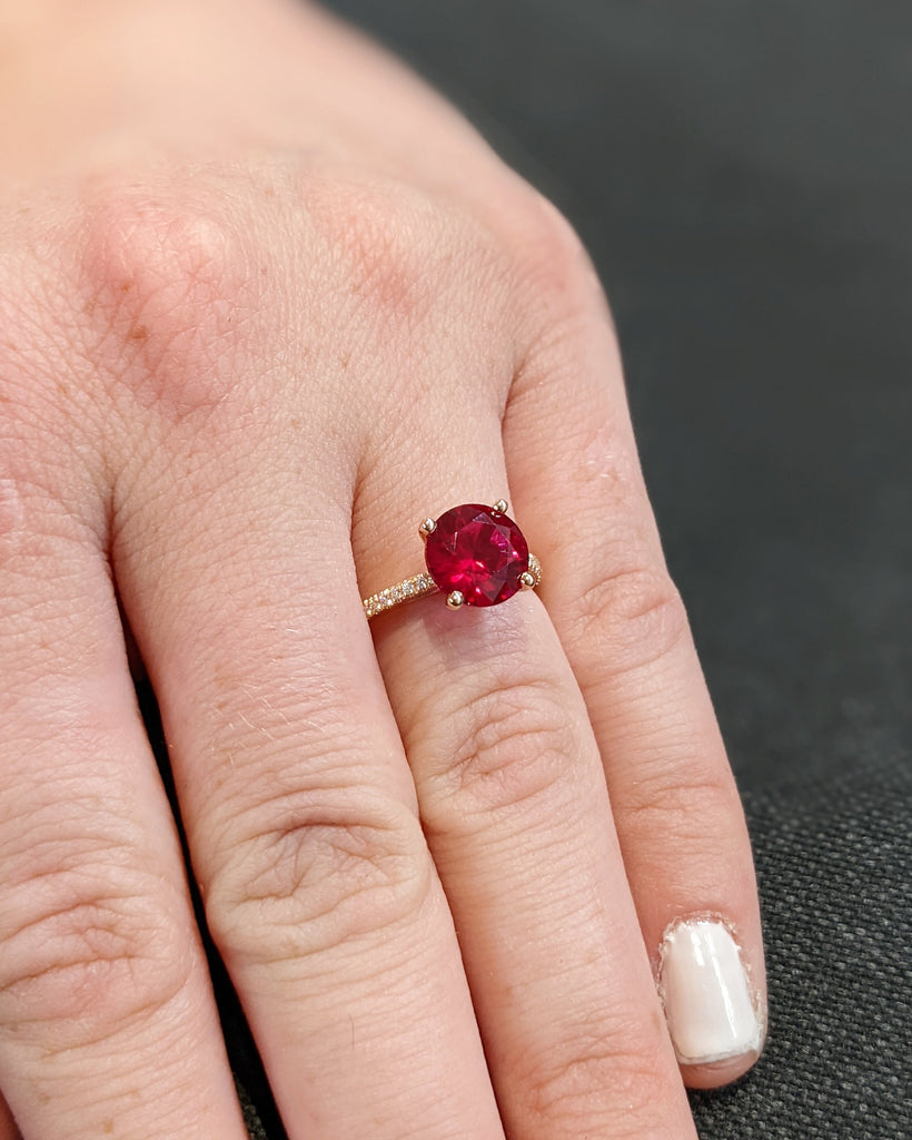 Vintage Ruby Engagement Ring 14K Rose Gold Hand Engraved Ruby Ring, Cathedral Setting, High Profile Prongs, Moissanite, Half Eternity Band