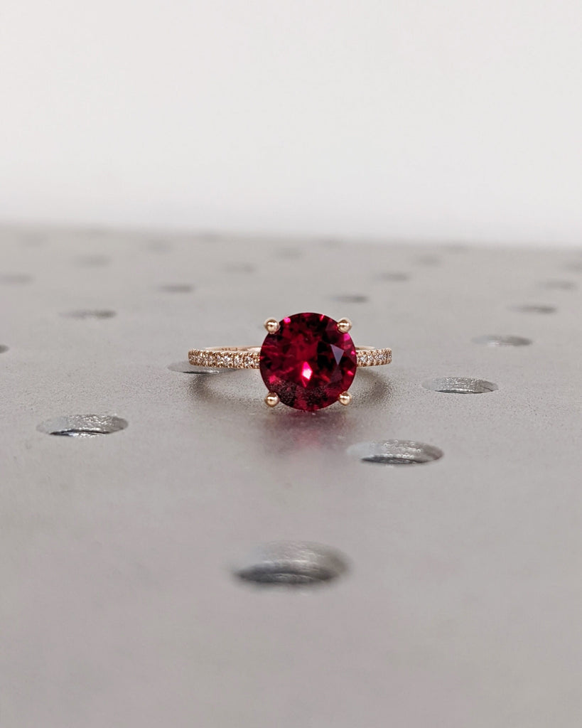 Vintage Ruby Engagement Ring 14K Rose Gold Hand Engraved Ruby Ring, Cathedral Setting, High Profile Prongs, Moissanite, Half Eternity Band