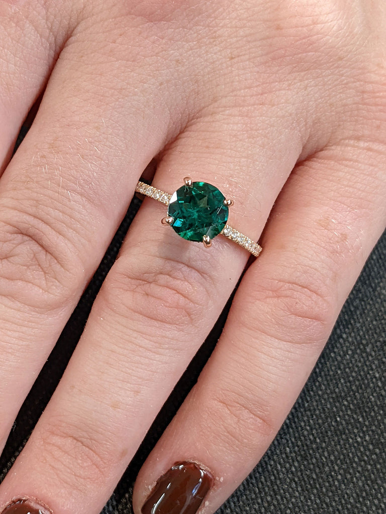 2ct Round Lab Emerald Moissanite Hidden Halo 14K Rose Gold May Proposal Ring