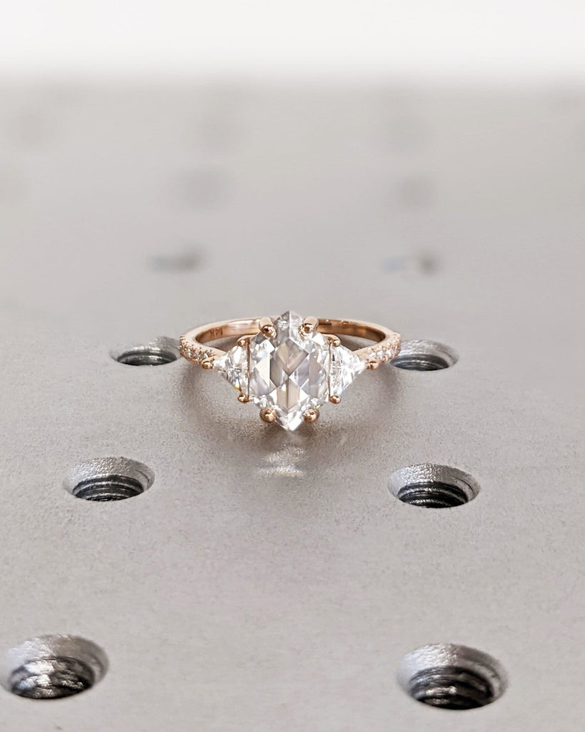 Promise Gift For Her, Unique Hexagon Moissanite Engagement Ring, 14K Rose Gold, Geometric Diamond, Side Stone Ring, Delicate Wedding Ring