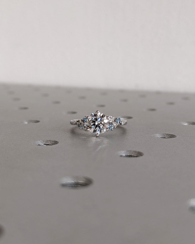 Round Lab Grown Diamond 18K White Gold Engagement Ring | Unique Snowdrift 6 Prong | Diamond Aquamarine Cluster Promise Ring | Art Deco Ring