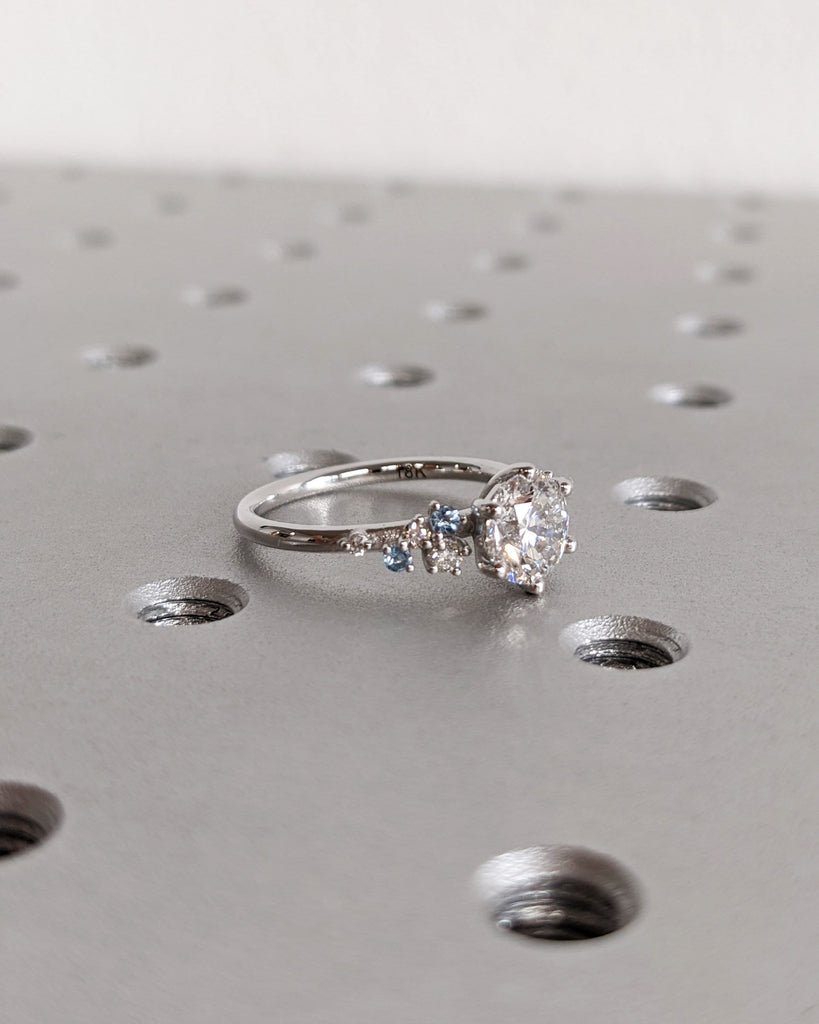 Round Lab Grown Diamond 18K White Gold Engagement Ring | Unique Snowdrift 6 Prong | Diamond Aquamarine Cluster Promise Ring | Art Deco Ring