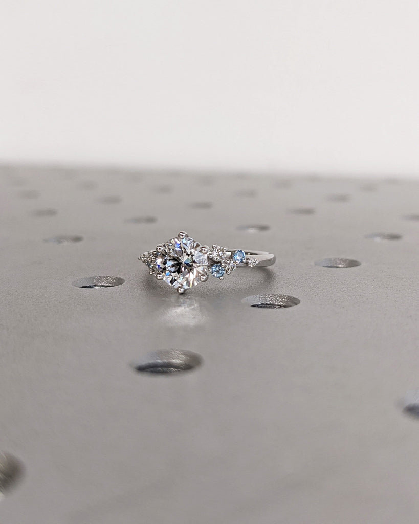 Round Lab Grown Diamond 18K White Gold Engagement Ring | Unique Snowdrift 6 Prong | Diamond Aquamarine Cluster Promise Ring | Art Deco Ring