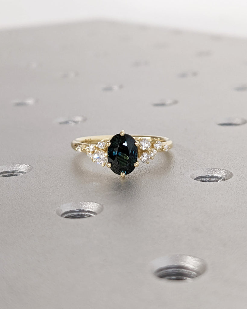 Blue Green Sapphire Ring. Peacock Engagement Ring. Oval Teal Sapphire Ring. 14K White Gold Engagement Ring. Cluster Diamond Ring. Art Deco.