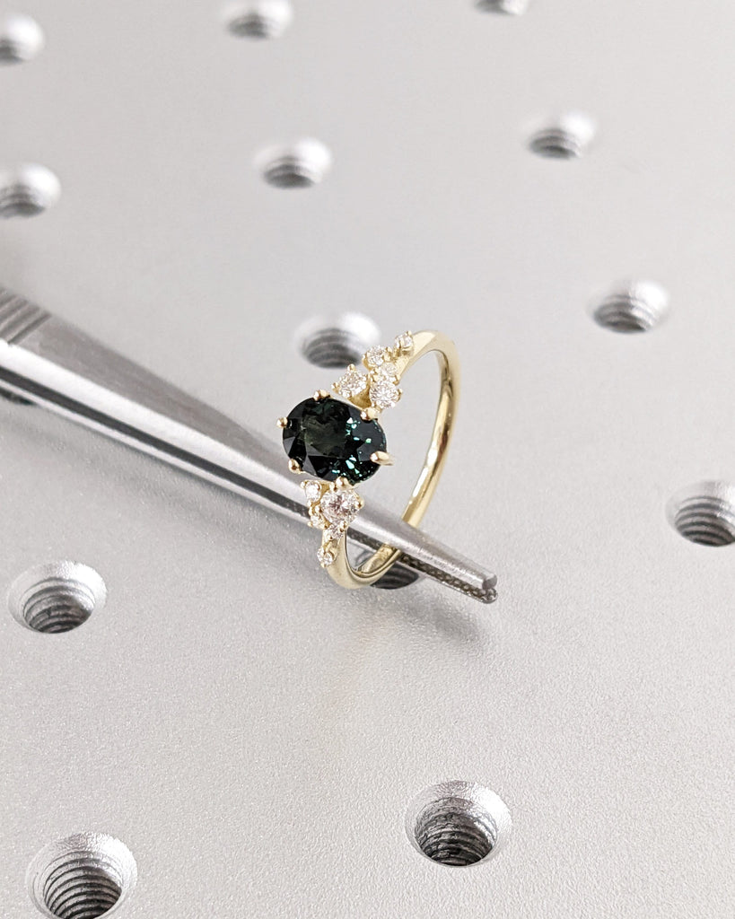 Blue Green Sapphire Ring. Peacock Engagement Ring. Oval Teal Sapphire Ring. 14K White Gold Engagement Ring. Cluster Diamond Ring. Art Deco.