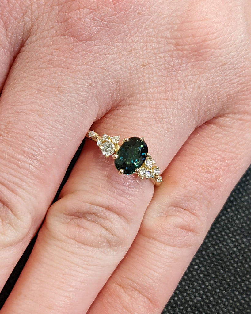 Blue Green Sapphire Ring. Peacock Engagement Ring. Oval Teal Sapphire Ring. 14K White Gold Engagement Ring. Cluster Diamond Ring. Art Deco.