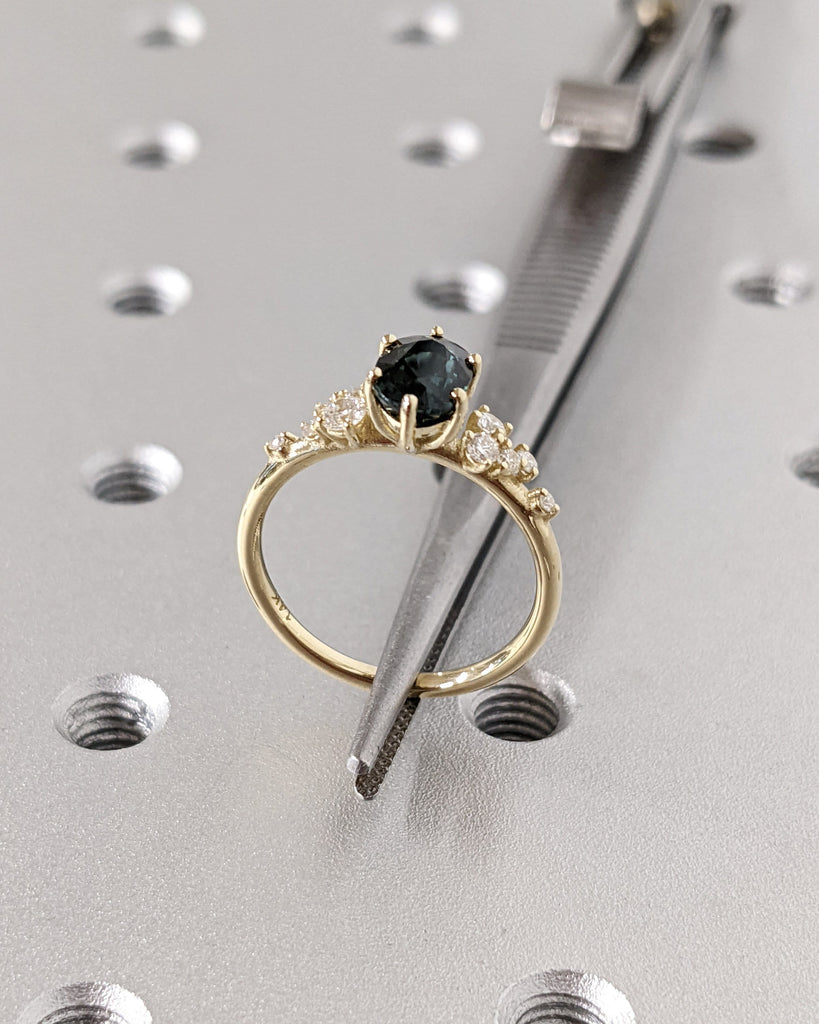 Blue Green Sapphire Ring. Peacock Engagement Ring. Oval Teal Sapphire Ring. 14K White Gold Engagement Ring. Cluster Diamond Ring. Art Deco.