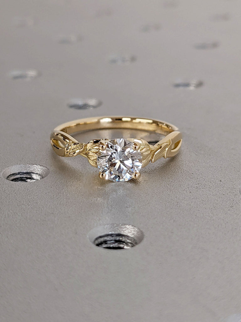 Round cut Lab Grown Diamond Solitaire 14K Yellow Gold Leaf Promise Ring