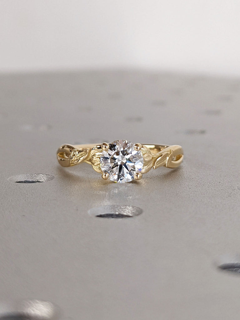 Nature Inspired 1ct Round Lab Created Diamond Engagement Ring 18K 14K Yellow Gold Solitaire