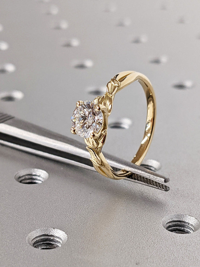 Vintage Gold Leaf Wedding Anniversary Ring Lab Created Diamond Solitaire Custom Engagement Ring