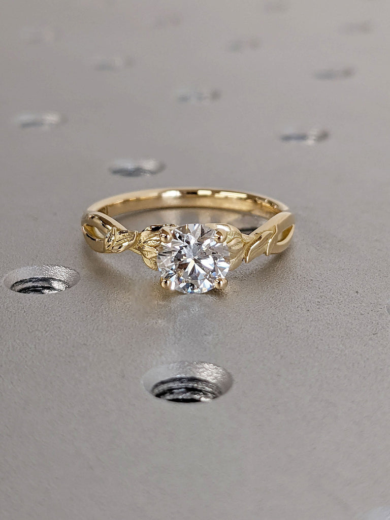 Round cut Moissanite Solitaire 14K Yellow Gold Leaf Promise Ring