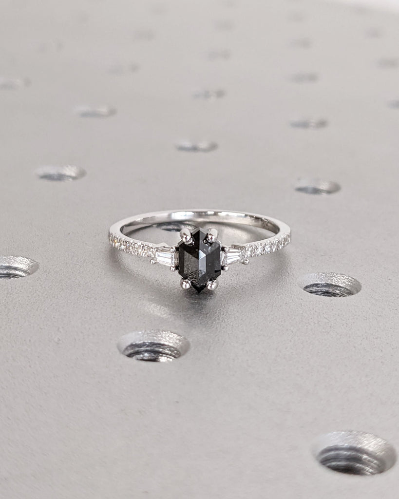 Raw Diamond Hexagon Diamond, Salt and Pepper, Unique Engagement Ring, Tapered Baguette Geometric Diamond Ring, Custom Handmade, Art Deco