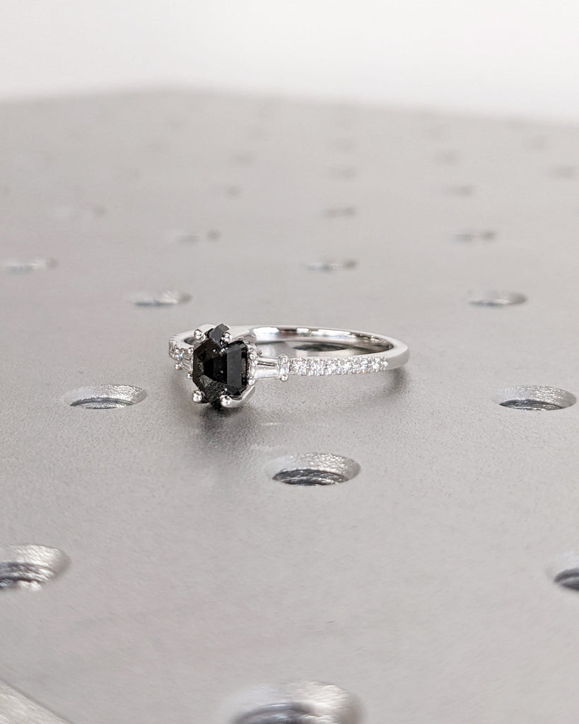 Raw Diamond Hexagon Diamond, Salt and Pepper, Unique Engagement Ring, Tapered Baguette Geometric Diamond Ring, Custom Handmade, Art Deco