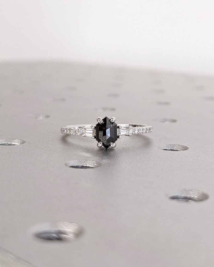 Raw Diamond Hexagon Diamond, Salt and Pepper, Unique Engagement Ring, Tapered Baguette Geometric Diamond Ring, Custom Handmade, Art Deco