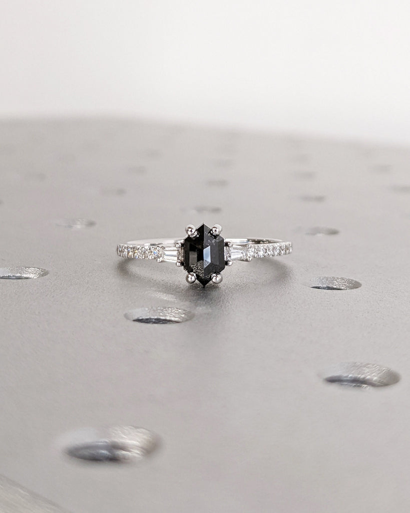 Raw Diamond Hexagon Diamond, Salt and Pepper, Unique Engagement Ring, Tapered Baguette Geometric Diamond Ring, Custom Handmade, Art Deco