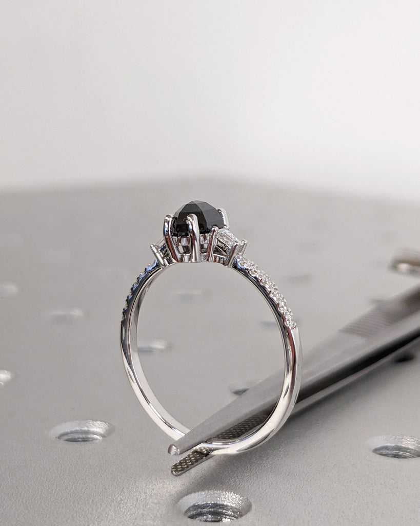 Raw Diamond Hexagon Diamond, Salt and Pepper, Unique Engagement Ring, Tapered Baguette Geometric Diamond Ring, Custom Handmade, Art Deco