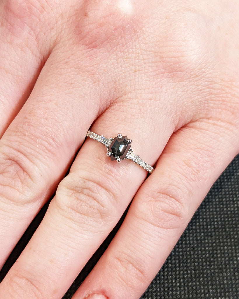 Raw Diamond Hexagon Diamond, Salt and Pepper, Unique Engagement Ring, Tapered Baguette Geometric Diamond Ring, Custom Handmade, Art Deco