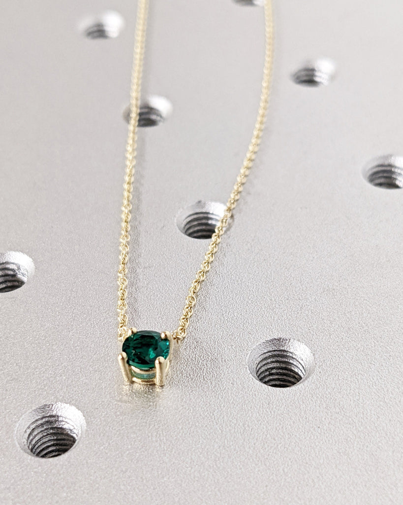 Solitaire Emerald Necklace, Green Gemstone Pendant Charm, Chain Necklace, 14K Yellow Gold, Minimalist, May Birthstone Necklace, Gift For Her