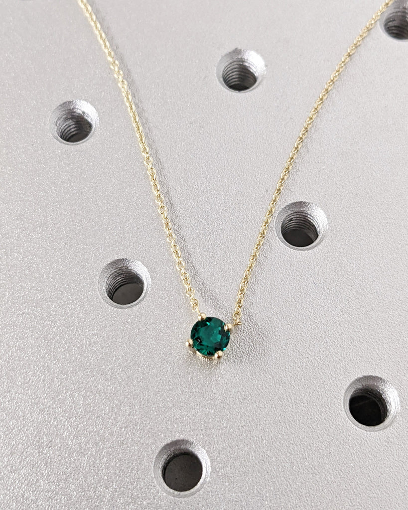 Solitaire Emerald Necklace, Green Gemstone Pendant Charm, Chain Necklace, 14K Yellow Gold, Minimalist, May Birthstone Necklace, Gift For Her