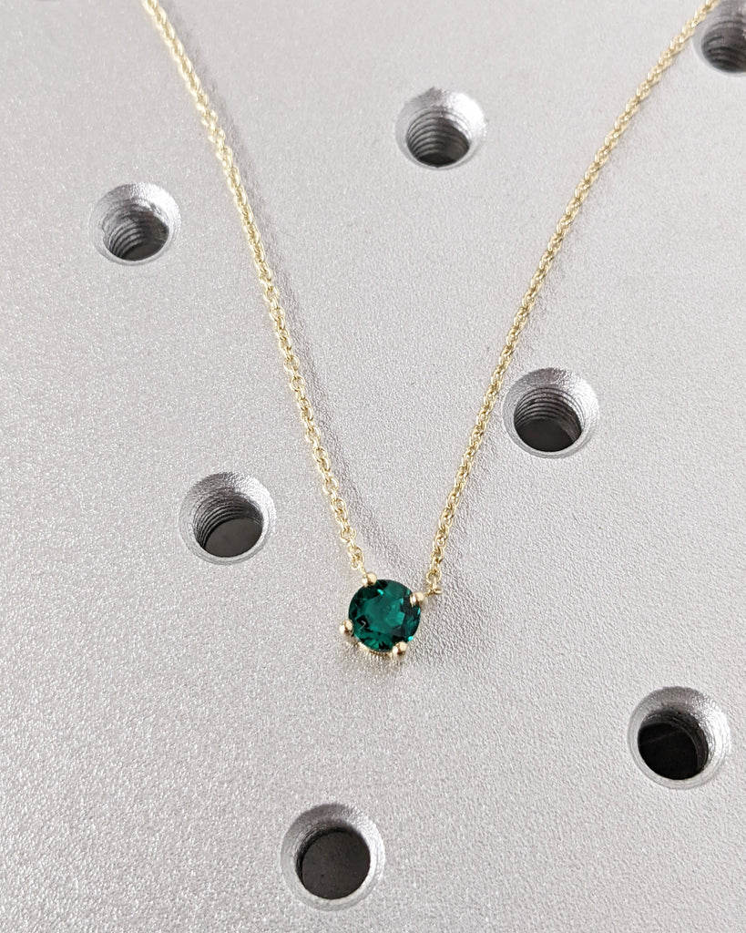 Round cut Emerald Solitaire 14K Gold Dainty Necklace | Green Gemstone Pendant | Rope Gold Chains for Women | May Birthday Gift for Her