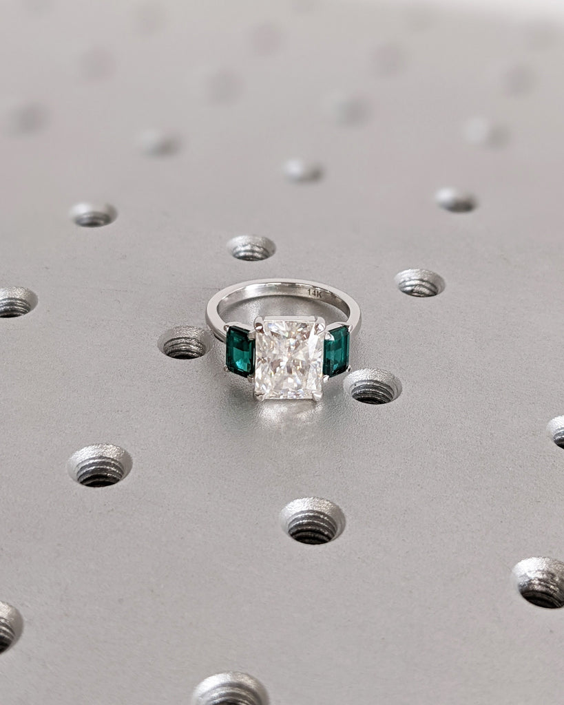 Radiant Cut Moissanite Three Stone Engagement Ring, Emerald Cut Green Emerald, Radiant Cut Ring, Trellis Setting, Moissanite Engagement Ring