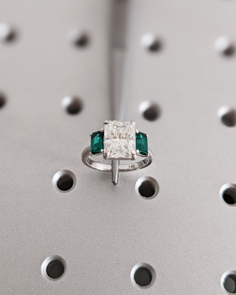 Radiant Cut Moissanite Three Stone Engagement Ring, Emerald Cut Green Emerald, Radiant Cut Ring, Trellis Setting, Moissanite Engagement Ring