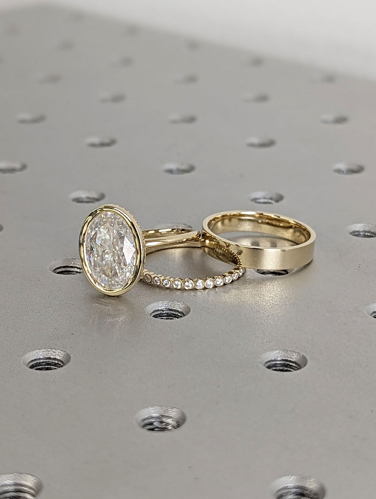 4ct Oval Lab Diamond Solitaire 3 Ring Engagement Set | 14K Yellow Gold Hidden Halo Proposal Ring | Custom Moissanite Eternity Wedding Band