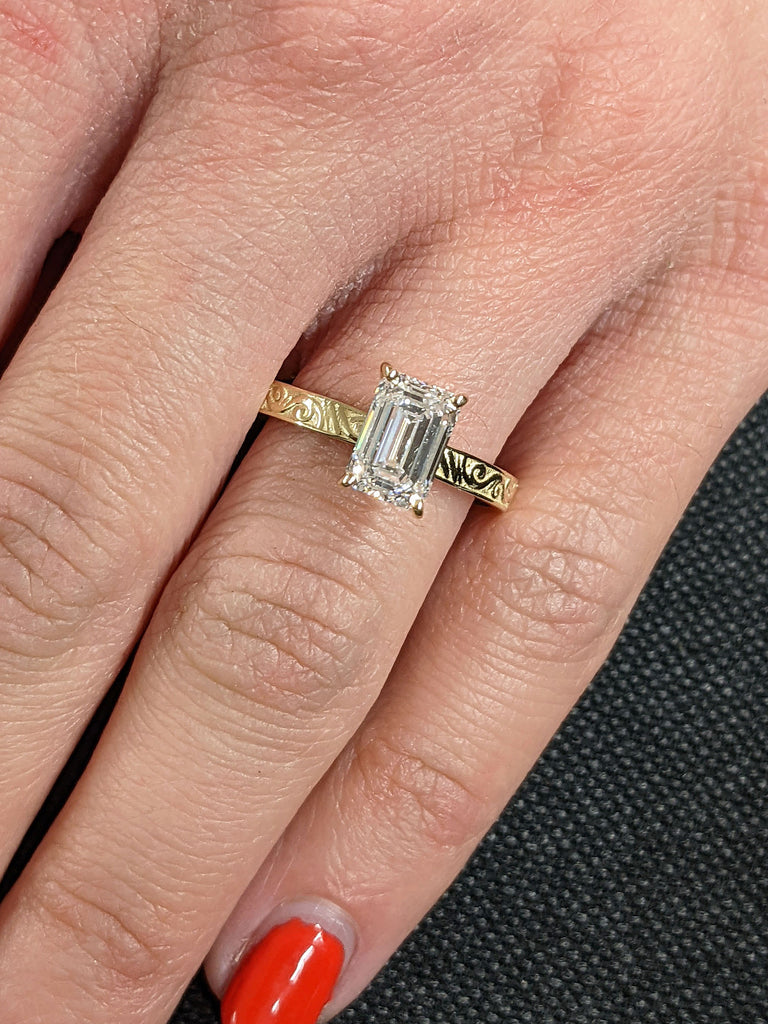 1.5ct Emerald cut Moissanite Solitaire 14K Yellow Gold Scrollwork Engraving Vintage Gold Band