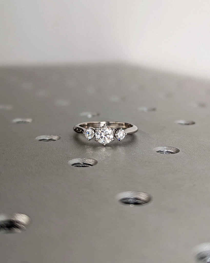 Three Stone Round Cut Moissanite Engagement Ring, Trellis Setting, Diamond RIng, Three Stone Engagement Ring, Art Deco, Vintage Promise Ring