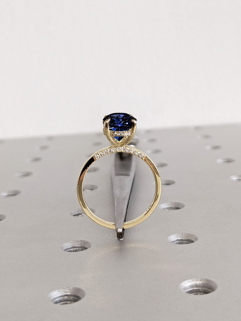 3ct Oval Lab Sapphire Solitaire Moissanite Hidden Halo Proposal ring 14K Yellow Gold Pave Bridge