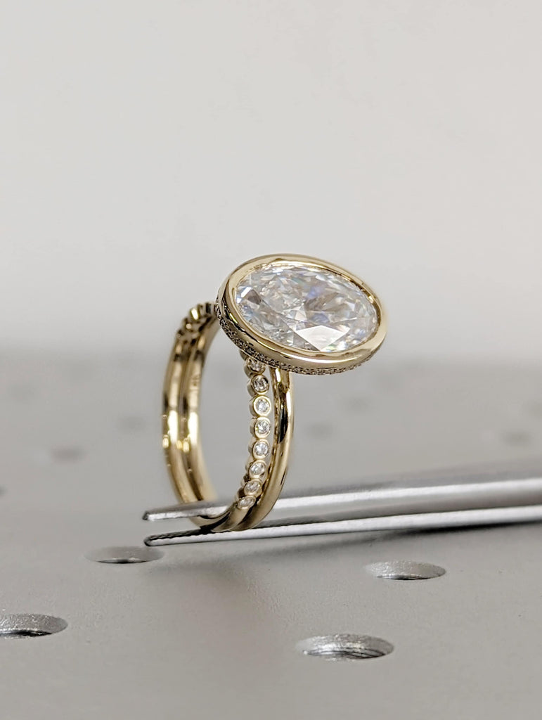 4ct Oval cut Lab Grown Diamond Solitaire 14K Yellow Gold Hidden Halo Wedding Anniversary Ring Set
