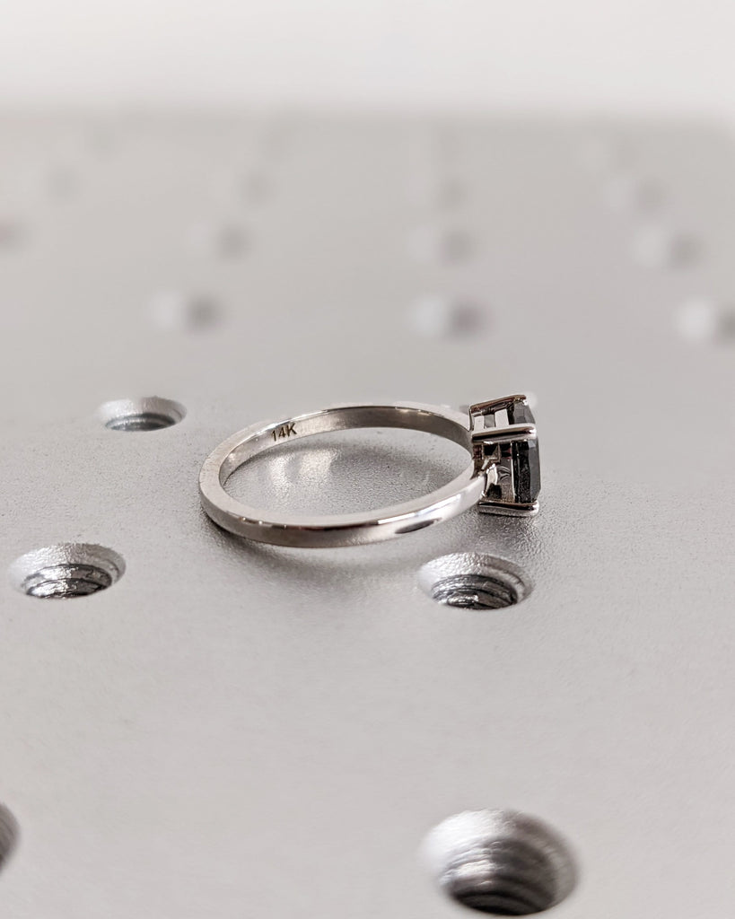 1920's Raw Salt and Pepper Diamond, Rose Cut Cushion Diamond Ring, Unique Engagement, Black, Gray Pear, 14k Yellow, Rose, White, Black Gold