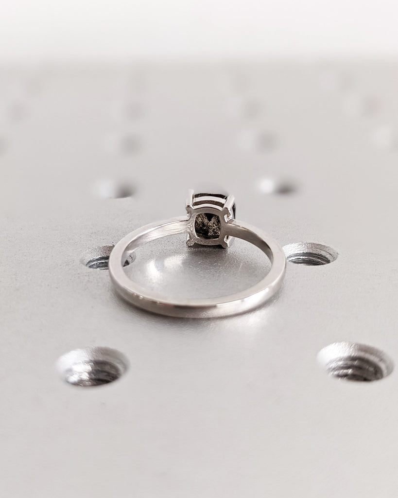 1920's Raw Salt and Pepper Diamond, Rose Cut Cushion Diamond Ring, Unique Engagement, Black, Gray Pear, 14k Yellow, Rose, White, Black Gold