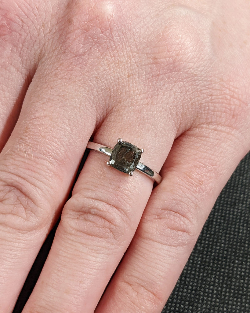 1920's Raw Salt and Pepper Diamond, Rose Cut Cushion Diamond Ring, Unique Engagement, Black, Gray Pear, 14k Yellow, Rose, White, Black Gold