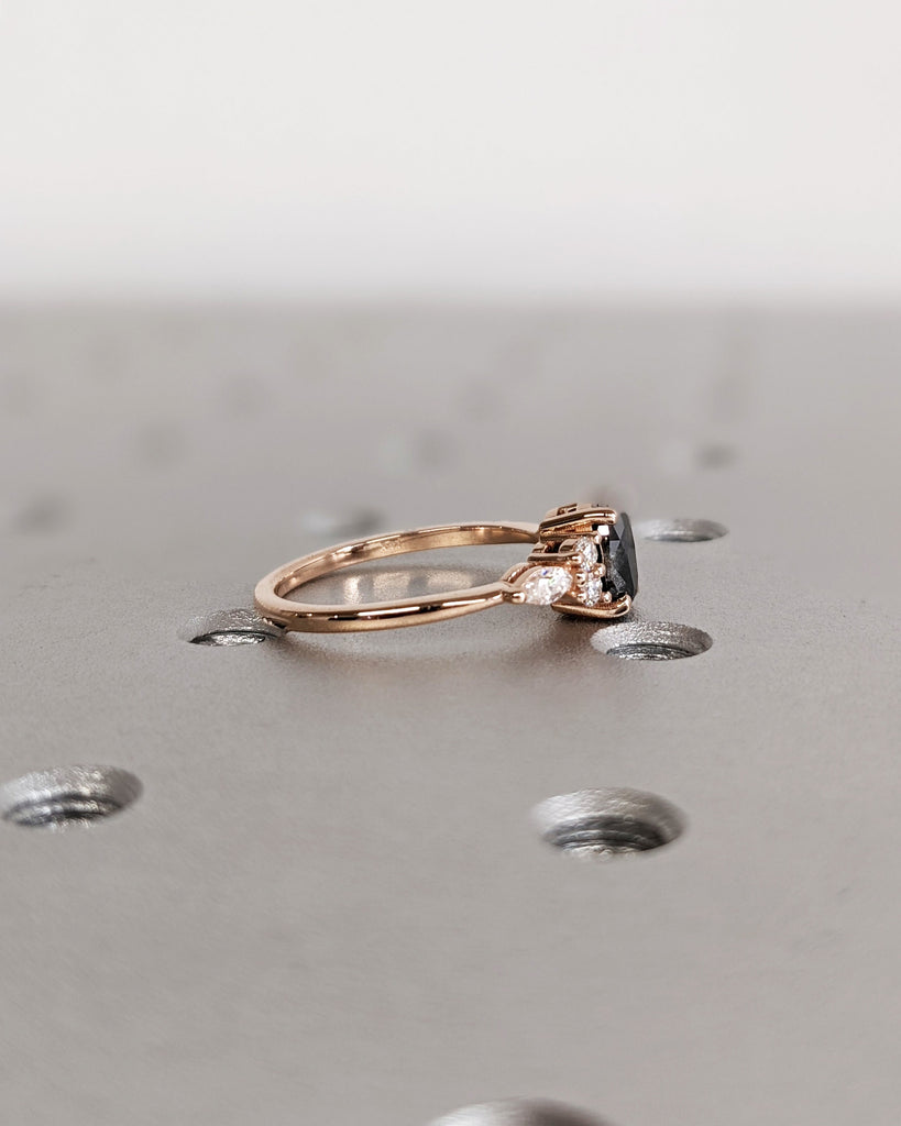 Galaxy Raw Salt & Pepper Diamond Ring For Women- Oval Cut Diamond Engagement Ring- Unique Bridal Promise Ring- 14K Solid Rose Gold- Art Deco