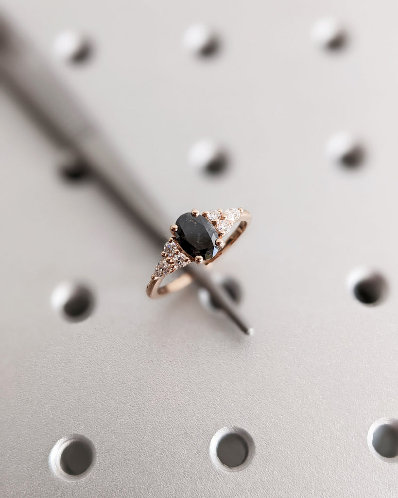 Galaxy Raw Salt & Pepper Diamond Ring For Women- Oval Cut Diamond Engagement Ring- Unique Bridal Promise Ring- 14K Solid Rose Gold- Art Deco