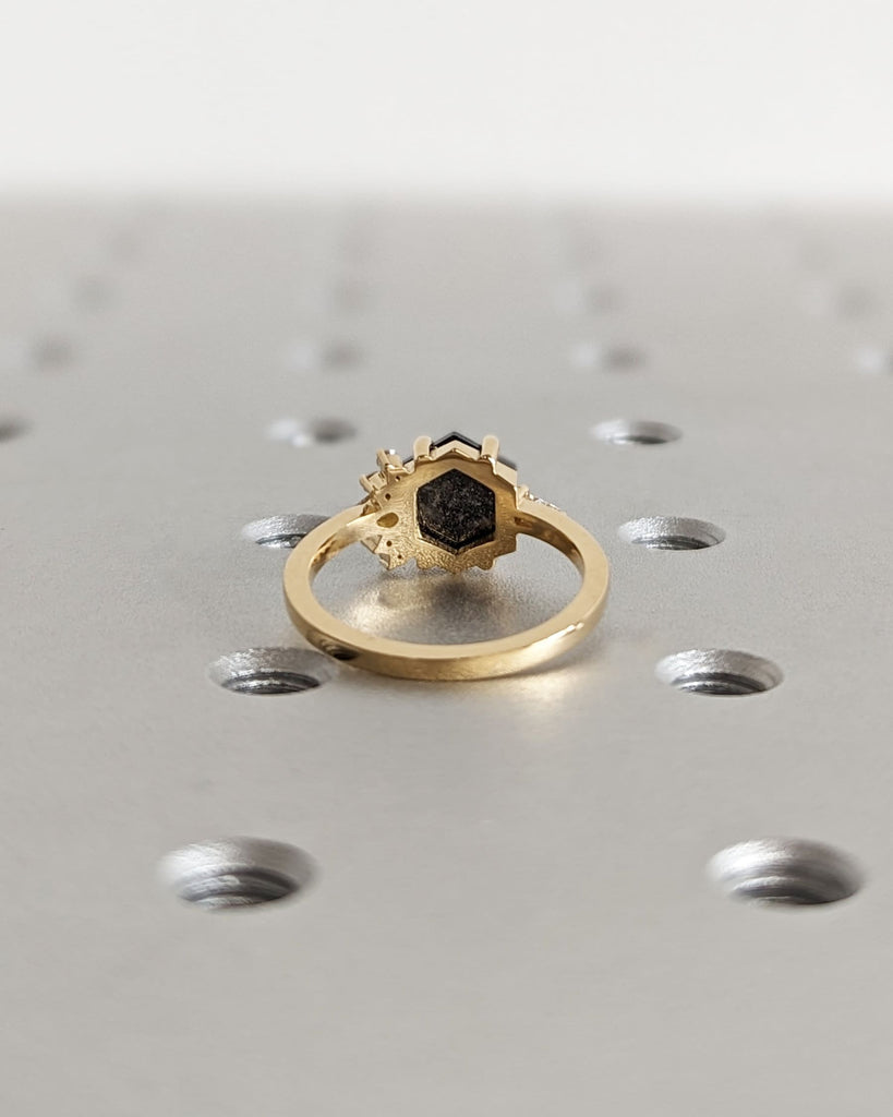 Cluster Ring in 18K Yellow Gold / Geometric Hexagon Grey Salt and Pepper Diamond Cluster Ring / Multi Stone Engagement Ring / Modern Design