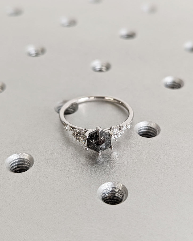 Hexagon Salt and Pepper Engagement Diamond Cluster Ring, Side Round Cut Diamond or Moissanite, 14K White Gold Ring, Wedding Anniversary Gift